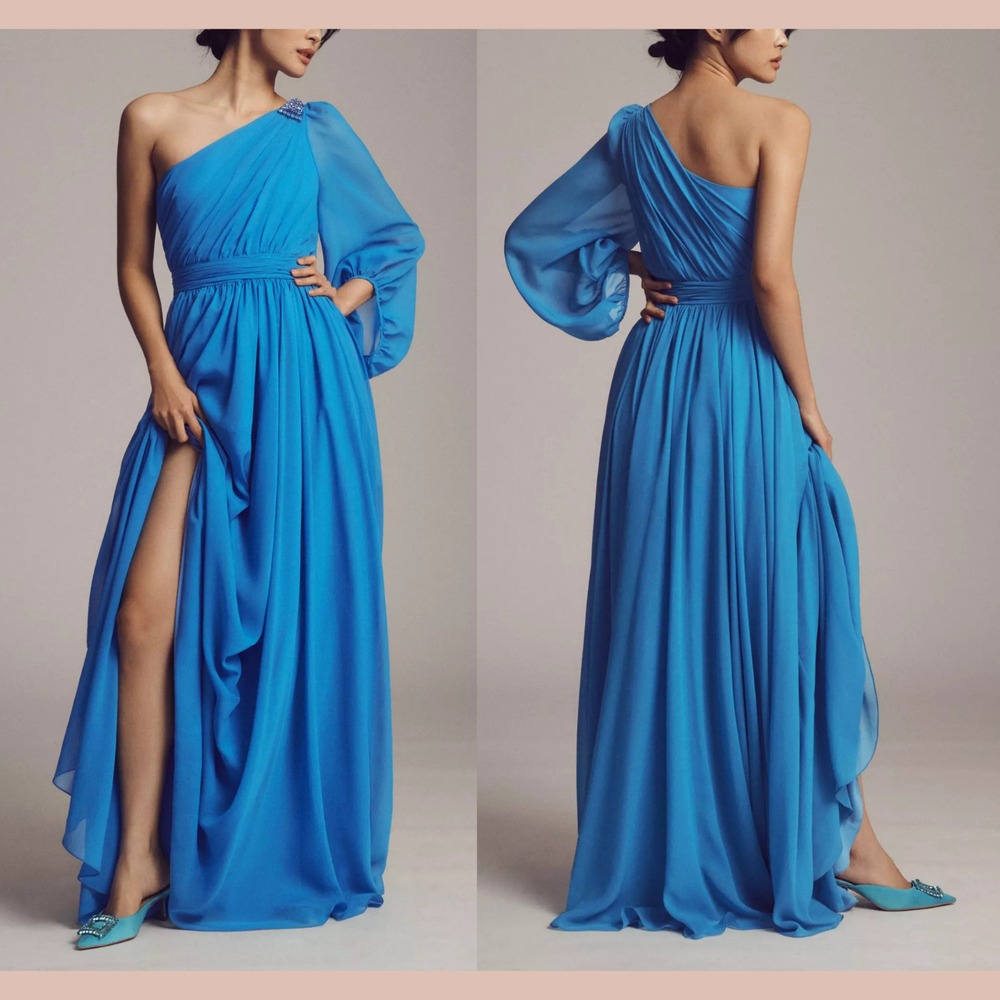 NWT $995 Sachin & Babi [ 12 ] Makayla One Shoulder Blouson Sleeve Gown Blue‎